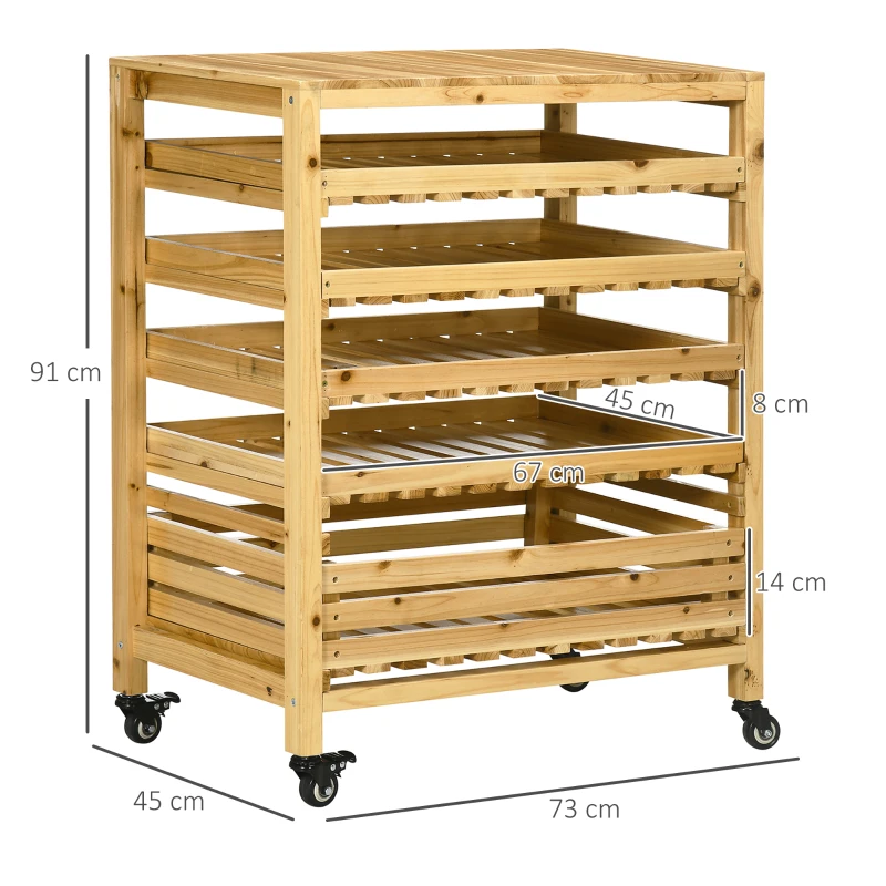 Outsunny Gemüsehorde mit 5 Regalen, Obstkiste, Gemüsekiste, wetterbeständig, 4 Rollen, 73 cm x 45 cm x 91 cm, Natur