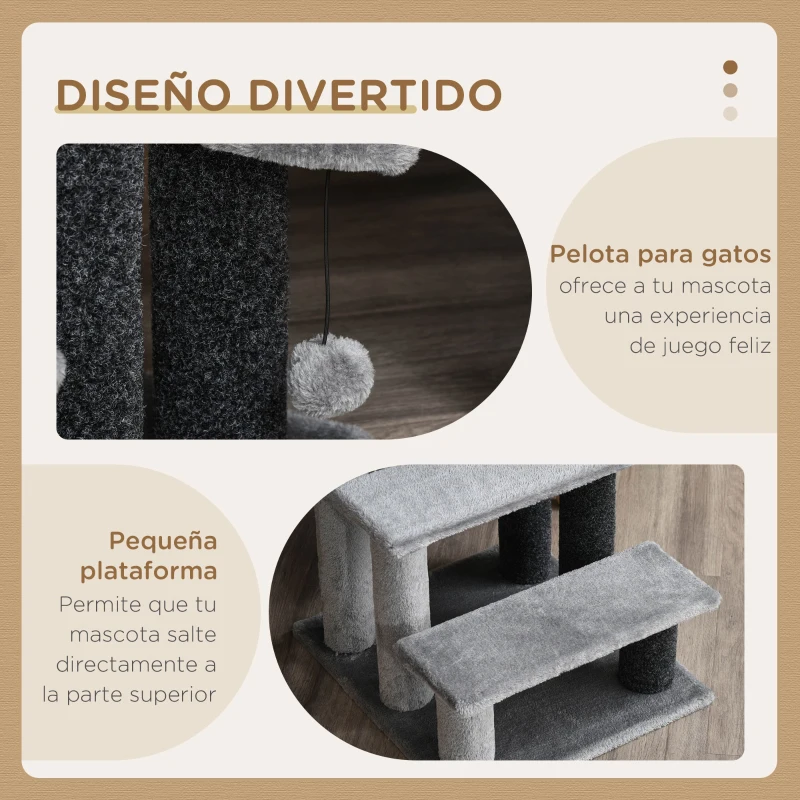 PawHut Escalera para Gatos con 3 Niveles Plataforma Poste Rascador y Bola Colgante de Juguete 40x40x48 cm Gris
