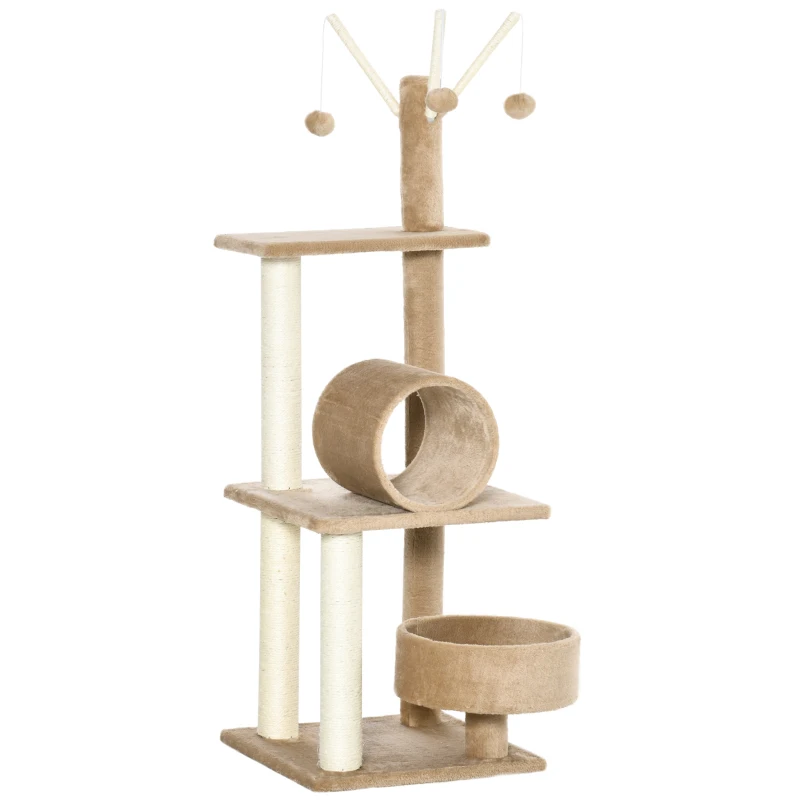 PawHut 121cm Cat Tree Tower for Indoor Cats Kitten Activity Centre Scratching Post with Bed Tunnel Perch Interactive Ball Toy Brown
