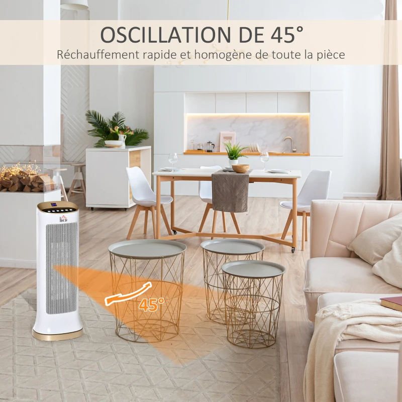 HOMCOM Chauffage d'appoint 1000W/2000W PTC chauffage électrique LED tactile 45° oscillation minuterie 8H télécommande blanc