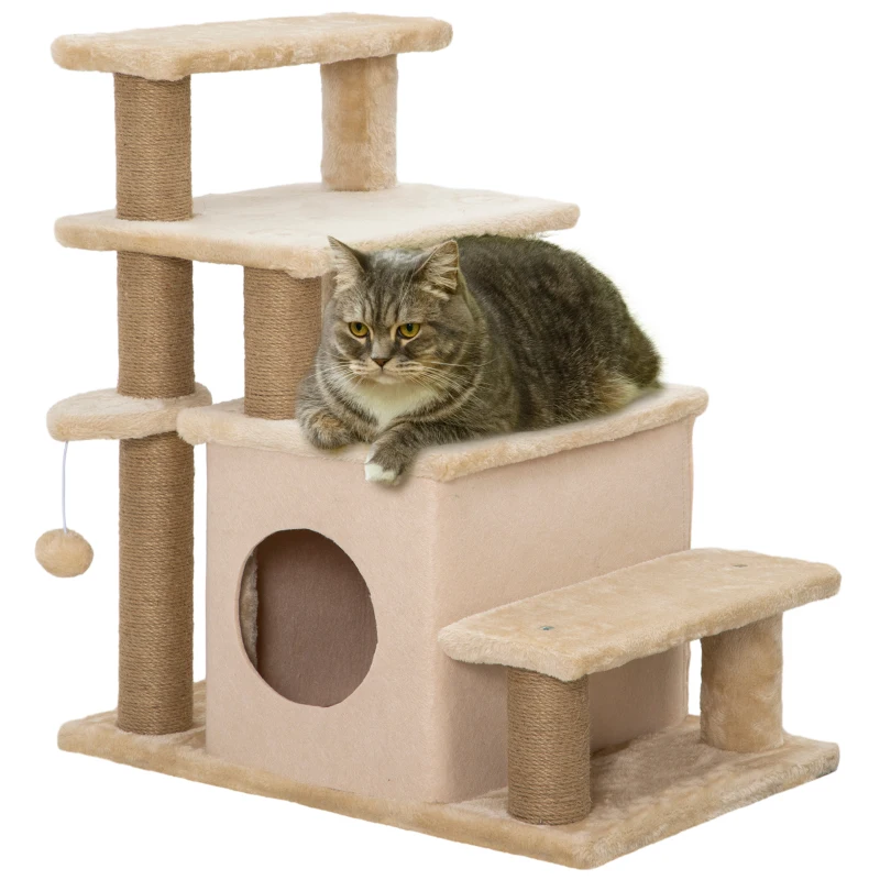 PawHut Haustiertreppe, Kratzbaum, 4 Stufen, Spielball, Häuschen, höhenverstellbar, 60 x 40 x 66 cm, Beige(m-10)