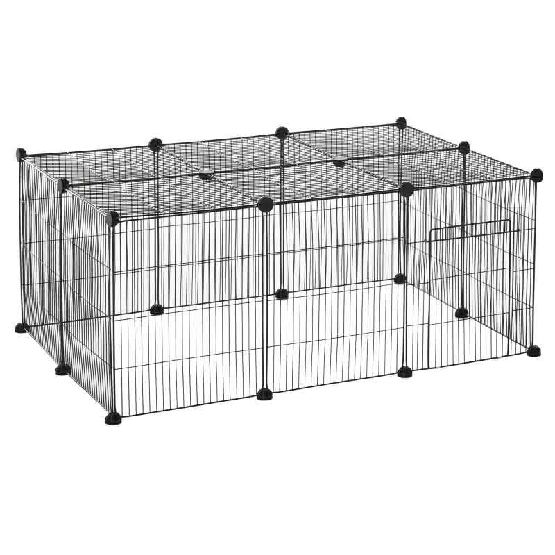 PawHut Kleintiergehege Kleintierkäfig Freigehege DIY Metall Multi-Winkel-Verbindungen Anti-Rutsch-Matte öffenbar 16 Platten Schwarz 105 x 70 x 45 cm