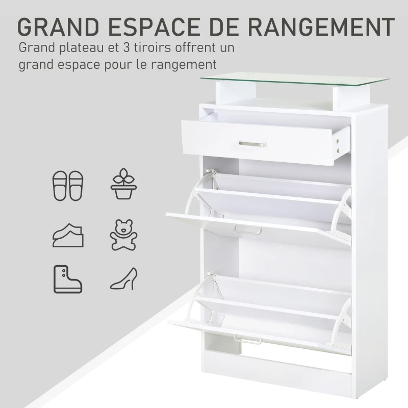 HOMCOM Armoire à Chaussures Meuble rangement Chaussures 2 Portes abattantes 2 Compartiments, tiroir, Plateau en Verre - Bois chêne Blanc