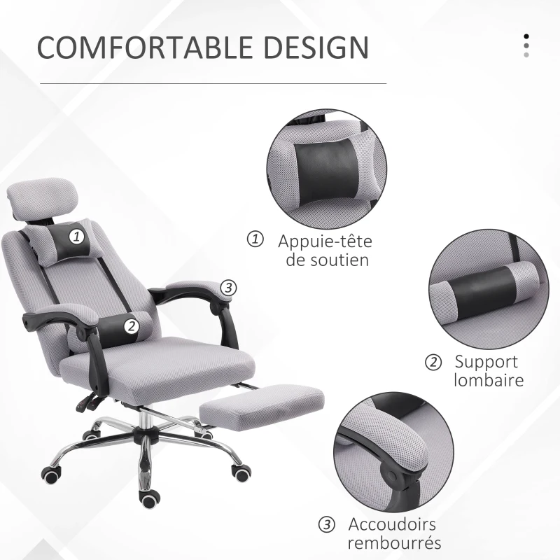 HOMCOM Fauteuil de bureau manager grand confort repose-pied tétière + coussin lombaires intégrés dossier inclinable revêtement tissu micro perforé gris noir