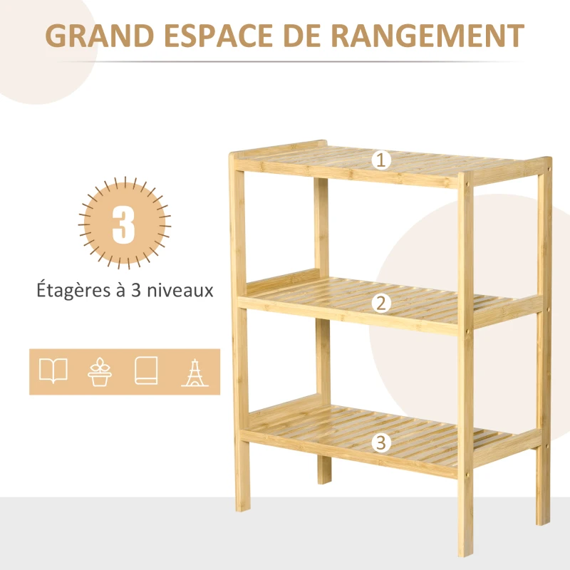 HOMCOM Étagère en bambou 3 niveaux - étagère pour plantes pots de fleurs - étagère de salle de bain - meuble de rangement salon cuisine bureau entrée - étagères à lattes - dim. 62L x 33l x 80H cm