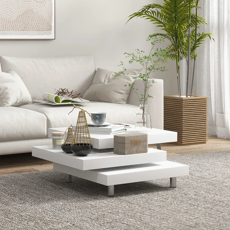 HOMCOM Tavolino da Caffè da Salotto e Studio, a 3 Livelli in MDF con 2 Piani Rotanti, 60x60x33.5 cm, Bianco