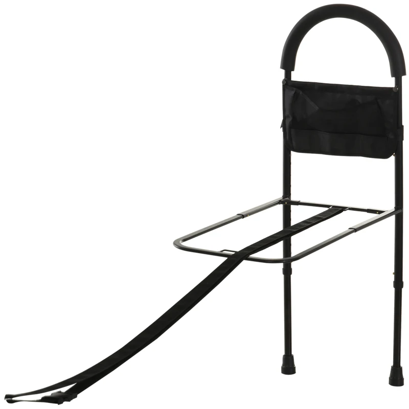 HOMCOM Barandilla Asidera de Cama para Acostarse y Levantarse con Altura Regulable Riel para Cama con Correa de Hebilla y Bolsillo 72x36x86-110,5 cm Negro