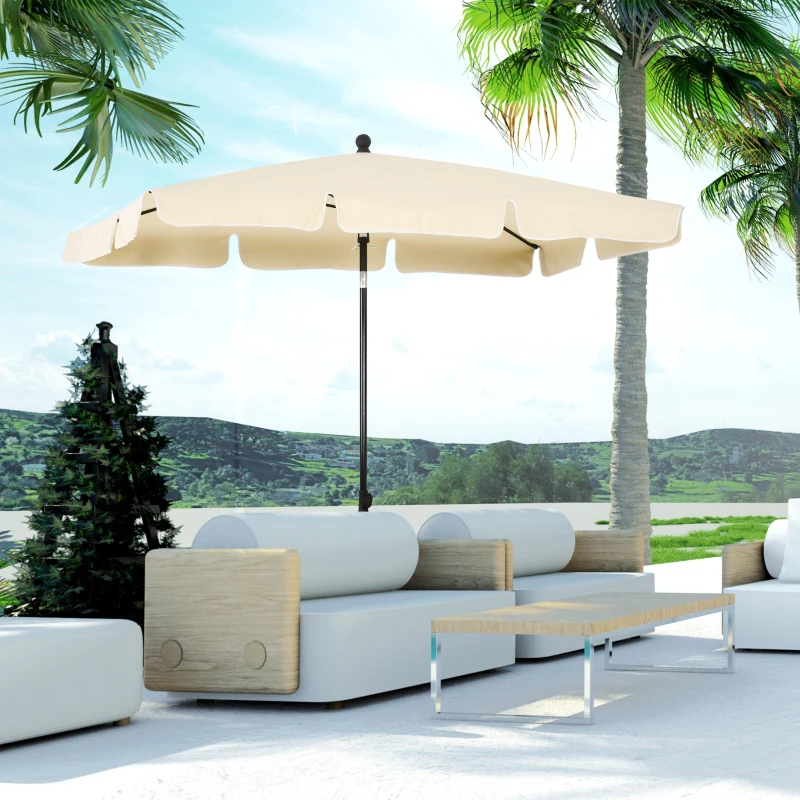 Outsunny Garden Parasol Umbrella, Outdoor Market Table Umbrella with Ruffles & Aluminium Pole, Rectangular Tilting Parasol Sun Shade Canopy, 2 x 1.3m, Beige