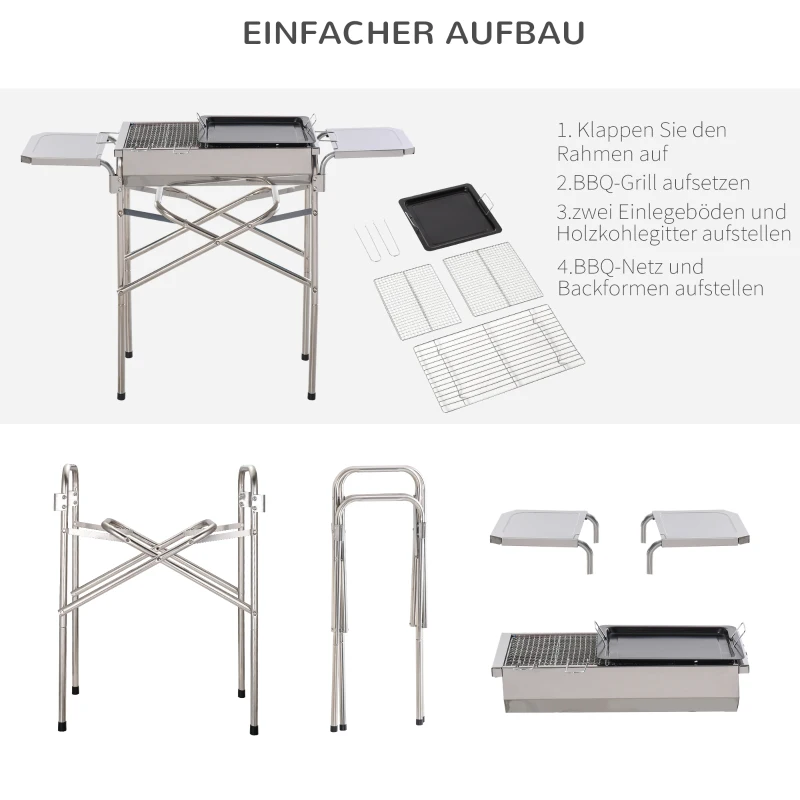 Outsunny Holzkohlegrill Grill BBQ Standgrill Holzkohle Kohlegrill Gartengrill, Edelstahl, Silber, 104 x 30 x 68 cm