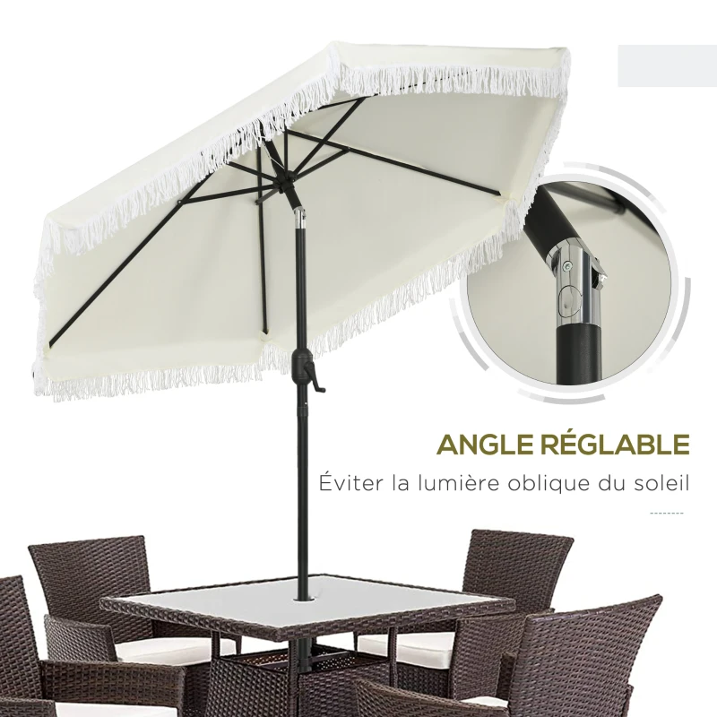 Outsunny Parasol de jardin inclinable parasol avec manivelle à franges style bohème 6 baleines Ø 225 x 223H cm crème et mât noir