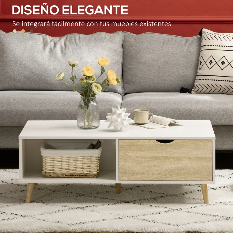 HOMCOM Mesa de Centro Rectangular Mesa con 2 Cajones y Compartimientos Abiertos Estilo Nórdico 106x58x39,5 cm Blanco