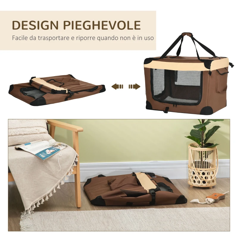 PawHut Sac de transport pliable - poignée, 3 entrées zippées, poche - coussin amovible - acier oxford polyester marron noir