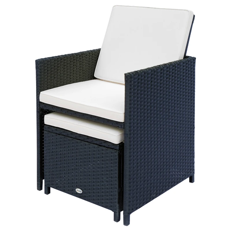 Outsunny Ensemble salon de jardin encastrable 10 places 6 fauteuils monoblocs 4 tabourets coussins déhoussables crème table plateau verre trempé résine tressée 4 fils noire