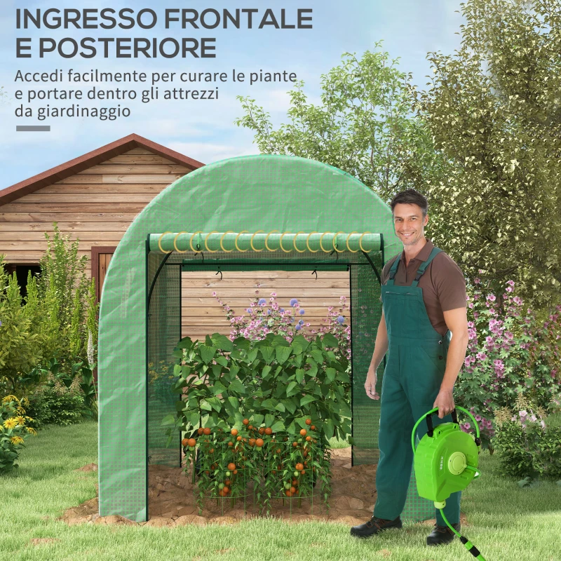 Outsunny Serra a Tunnel per Orto 1.8x1.8x2 m in Acciaio e PE Anti UV con Porte Avvolgibili e Finestre, Verde