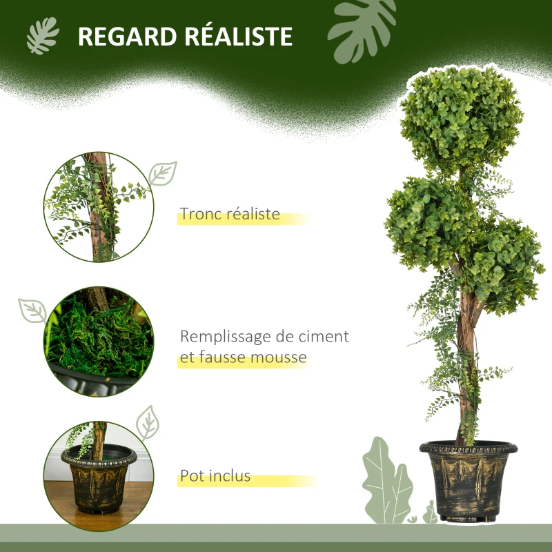 HOMCOM Plante artificielle arbre artificiel 3 boules de buis avec pot ciment, intérieur et extérieur, hauteur 115 cm