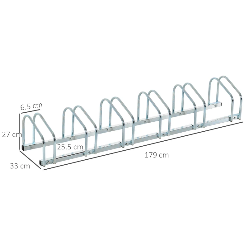 HOMCOM Rastrelliera Portabiciclette Parcheggio per 6 Biciclette in Acciaio, 179x33x27 cm, Argento
