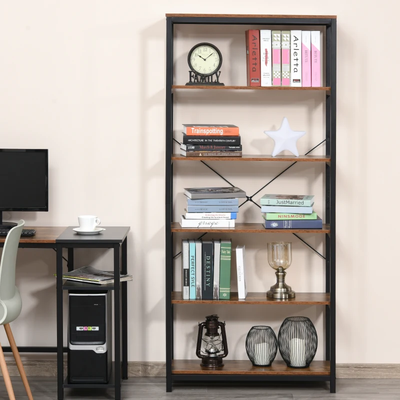 HOMCOM Bücherregal mit 5 Fächer, Standregal, Industriestil, Wohnzimmer, Schlafzimmer, Büro, E1 Spanplatte, Braun, 80 x 30 x 180 cm