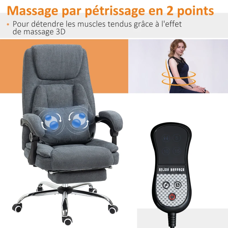 Vinsetto Fauteuil de bureau coussin massant hauteur réglable dossier inclinable repose-pied intégré tiss imitation lin gris