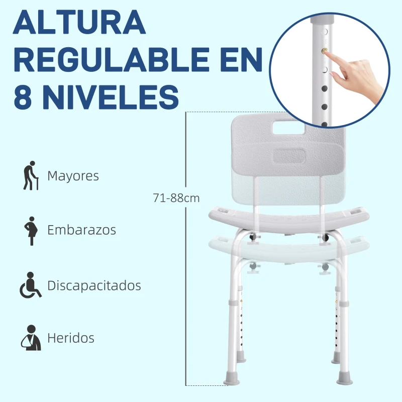 HOMCOM Taburete de Ducha Silla para Ducha con Respaldo Antideslizante Altura Regulable en 8 Niveles Carga 136 kg