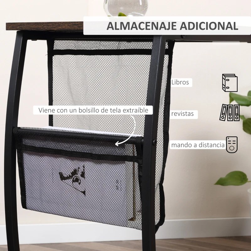HOMCOM Mesa Auxiliar para Sofá y Cama Mesita Auxiliar Pequeña en Forma de C con Bolsillo de Almacenaje Estilo Industrial para Salón 53x35x64,5 cm Marrón Rústico