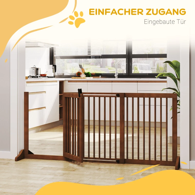 PawHut Absperrgitter Hunde Türschutzgitter Schutzgitter aus Holz Freistehendes Hundegitter mit Tür Hundeabsperrgitter Konfigurationsgitter für Kamin & Ofen Braun 113-166 x 36 x 71 cm