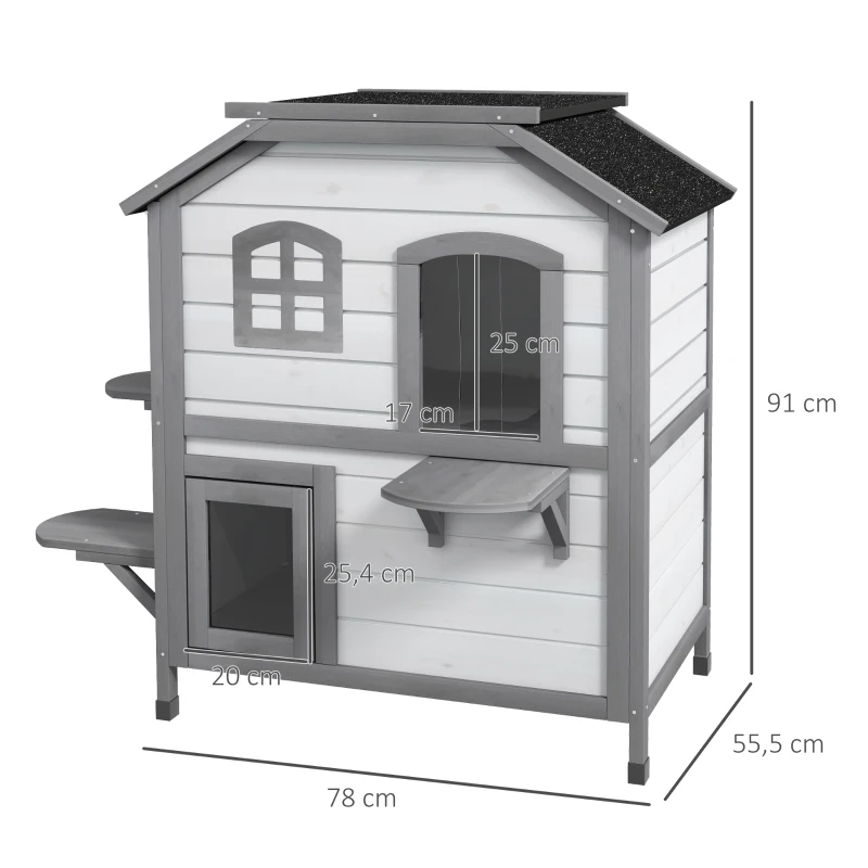PawHut Katzenhaus Katzenhütte Katzenhöhle, 2 Stockwerke, wetterbeständig, 78,1 cm x 55,2 cm x 90,8 cm, Weiß + Grau(m-3)