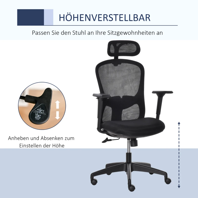 Vinsetto Bürostuhl mit Wippenfunktion Kopflehne Home-Office-Stuhl höhenverstellbarer Schreibtischstuhl ergonomisch 360°-Drehräder Schaumstoff Nylon Schwarz 64 x 64 x 100-109,5 cm