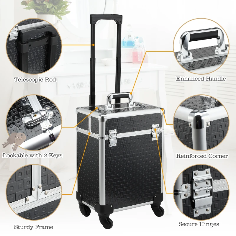 HOMCOM Valise trolley maquillage mallette cosmétique vanity poignée télescopique réglable 34L x 24l x 52H cm alu. noir