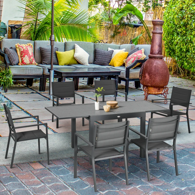 Outsunny Salon de jardin en aluminium et textilène table extensible 90 à 180 cm 6 chaises empilables 4/6 personnes gris