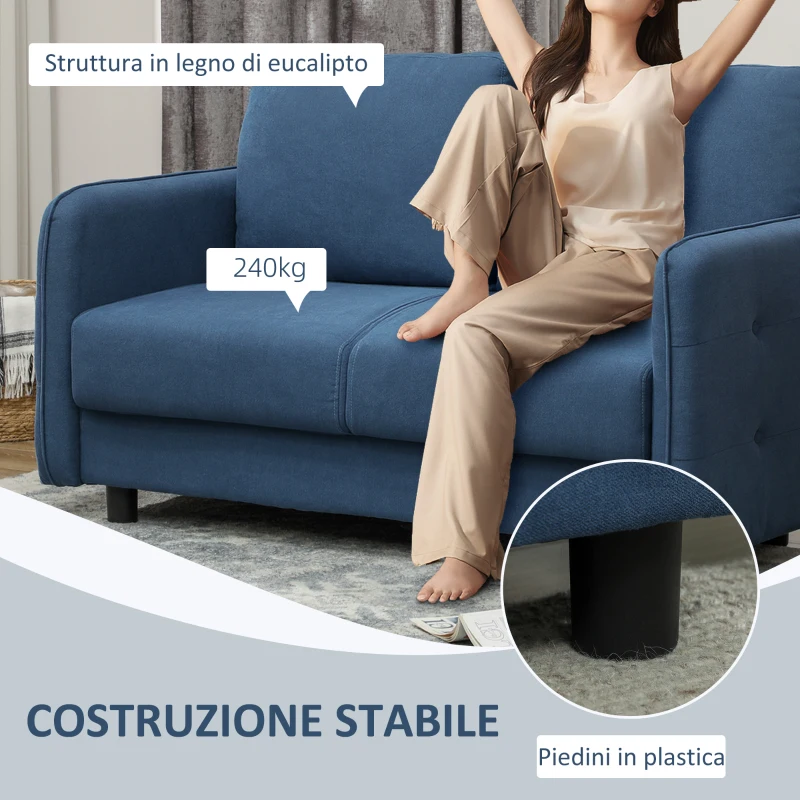 HOMCOM Divano 2 Posti Moderno in Velluto con Cuscini Sfoderabili e Molle a S, 136x75x84 cm, Blu