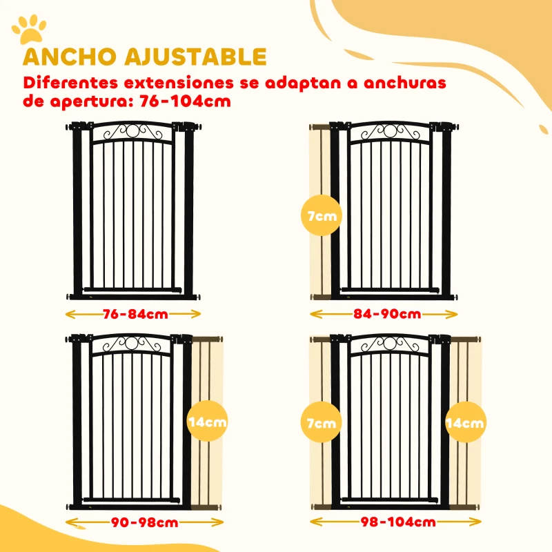 PawHut Puerta para Perros con Ancho Ajustable 76-104 cm Barrera de Seguridad con 2 Extensiones y Doble Bloqueo Negro