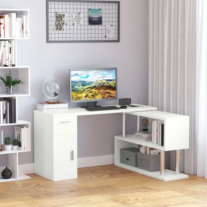HOMCOM Bureau informatique bureau d'angle avec rangement table angulaire avec étagères, placard, tiroir blanc
