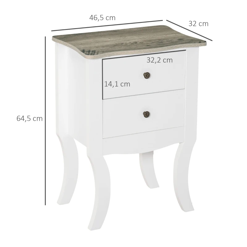 HOMCOM Mesilla de Noche Cajonera con 2 Cajones de Almacenaje Base Elevada para Dormitorio Salón Estilo Nórdico y Vintage 46,5x32x64,5 cm Blanco