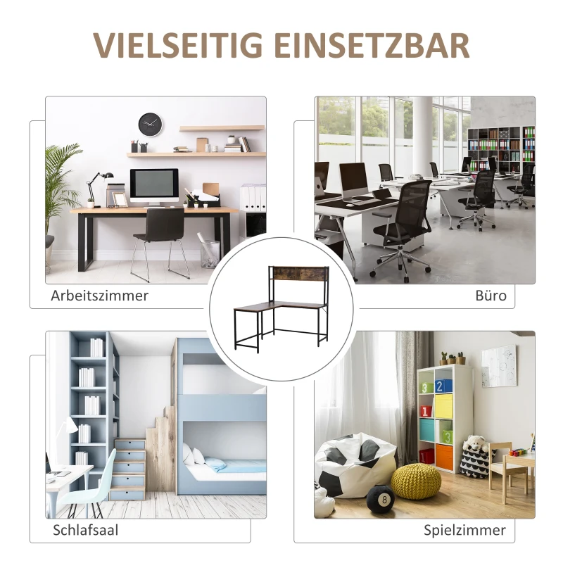 HOMCOM Computertisch, L-förmiger Eckschreibtisch, Schreibtisch, Bürotisch, Gamingtisch, PC-Tisch, Spanplatte+Metall, Natur+Schwarz, 140 x 125 x 149 cm