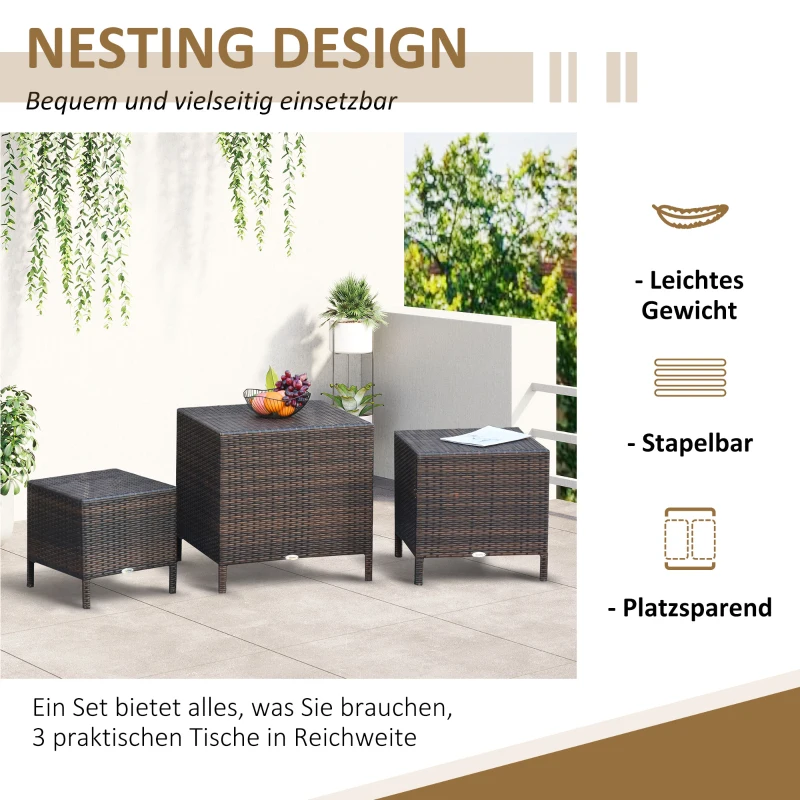 Outsunny Beistelltisch 3er Set Couchtisch Gartentisch Satztisch Balkontisch Polyrattan Braun 40x40x40/50x50x50/60x60x60 cm