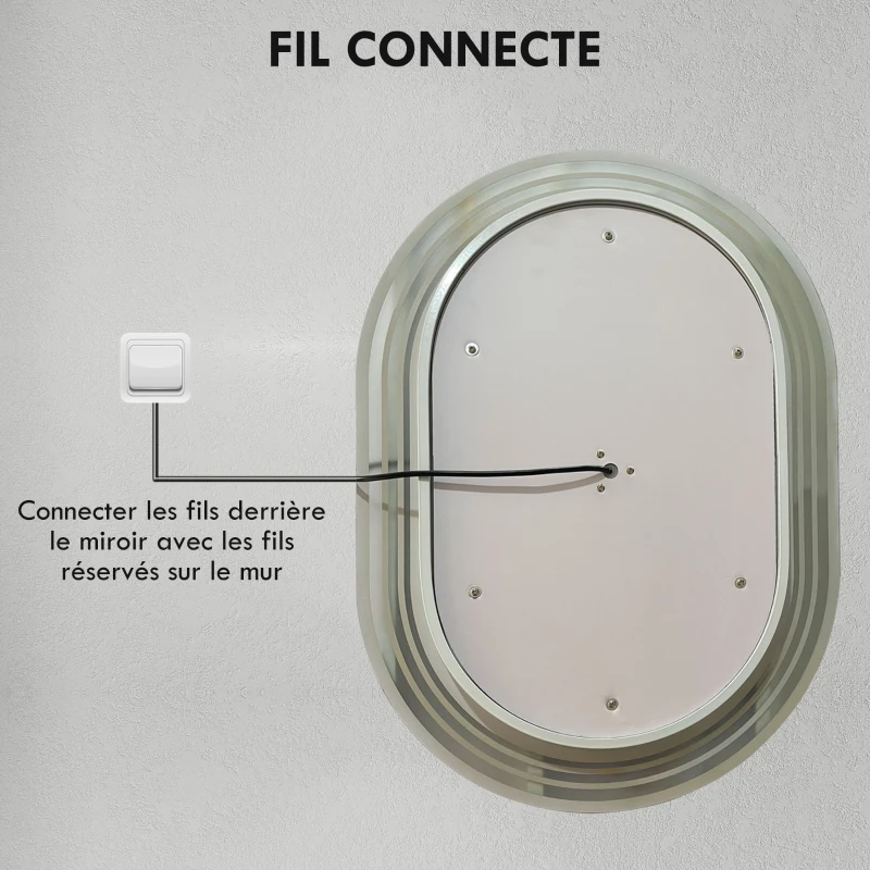 kleankin Miroir de salle de bain ovale lumineux LED 3 couleurs luminosité réglable interrupteur tactile, anti-buée, 70 x 50 cm