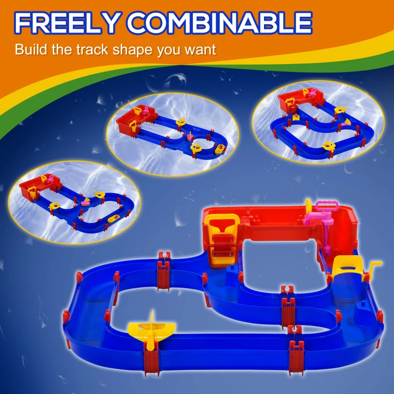 HOMCOM Playset Acquatico 53 Pezzi con Acqua e Sabbia, Percorso Acquatico per Bambini 3-6 Anni con Accessori e Parti Componibili, in PP, 123x90x7cm, Blu e Rosso