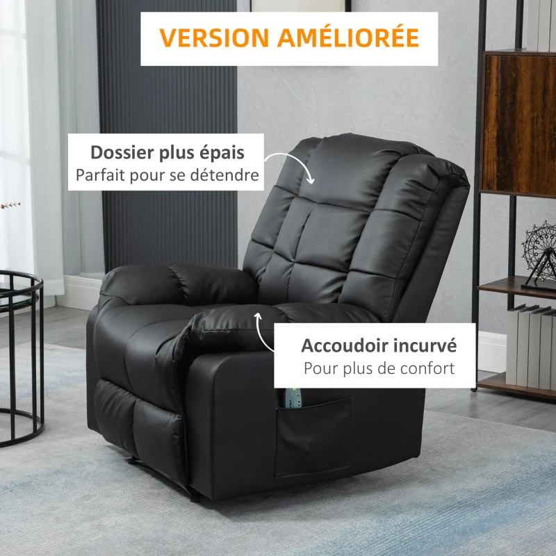 HOMCOM Fauteuil de massage fauteuil de relaxation massant avec dossier inclinable manuellement et repose-pied fauteuil TV revêtement synthétique télécommande incluse noir