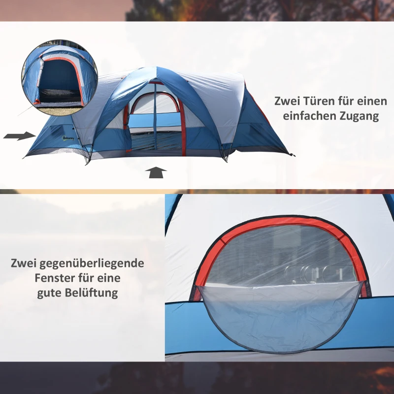 Outsunny Campingzelt für 3-4 Personen, zwei Türen, Netzfenster, blau, 4,75 x 2,64 x 1,50 m