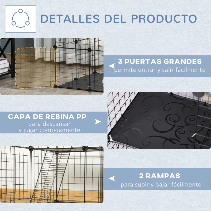 PawHut Jaula para Animales Pequeños de 3 Niveles con Rampas y Forma Personalizable para Cobayas Conejos 70x70x105 cm Negro