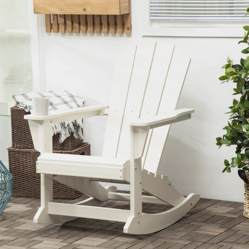 Outsunny Silla Mecedora de Jardín Estilo Adirondack de HDPE para Balcón Terraza Patio Carga 120 kg 73,5x93x91,5cm Blanco