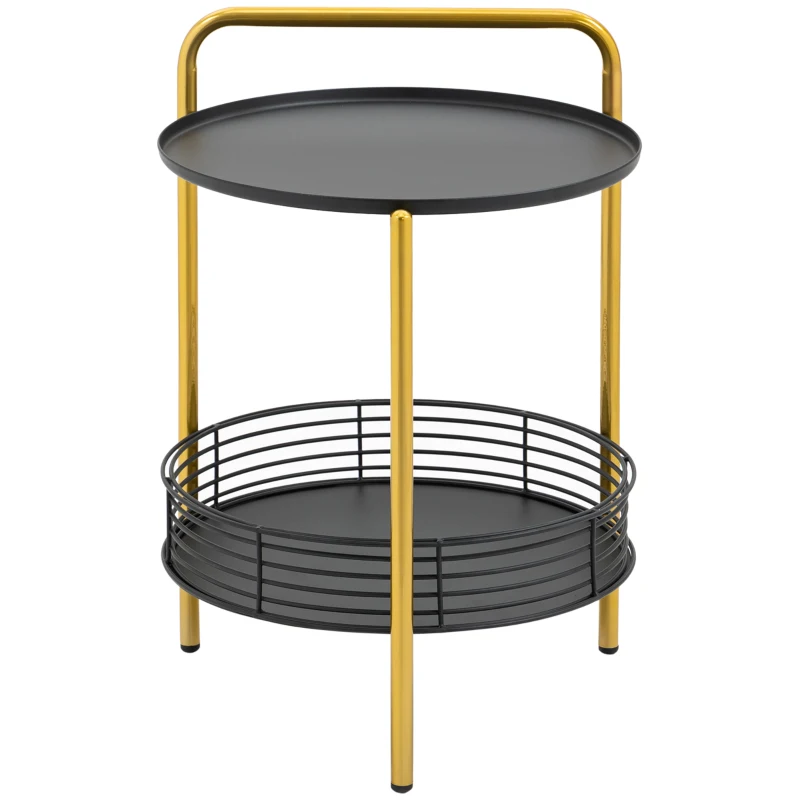 HOMCOM Beistelltisch 2-in-1 Design Industriedesign Serviertablett + Beistelltisch 1 Regal Stahl Gold + Schwarz