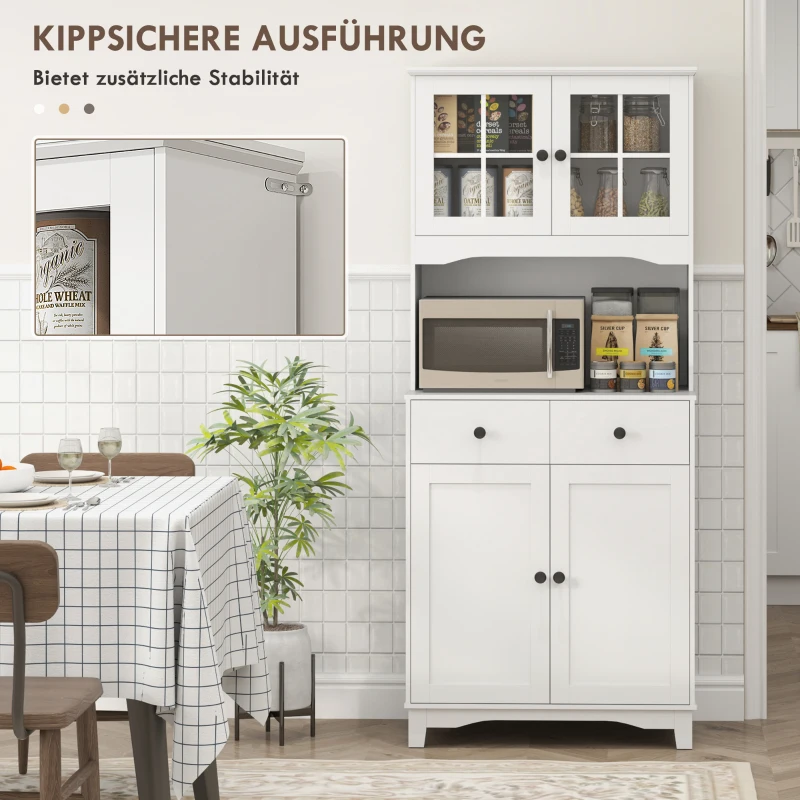 HOMCOM Freistehender Küchenschrank mit Arbeitsplatte für Mikrowelle, Kaffeemaschine, Schränke, Glastüren, Weiß(m-7)