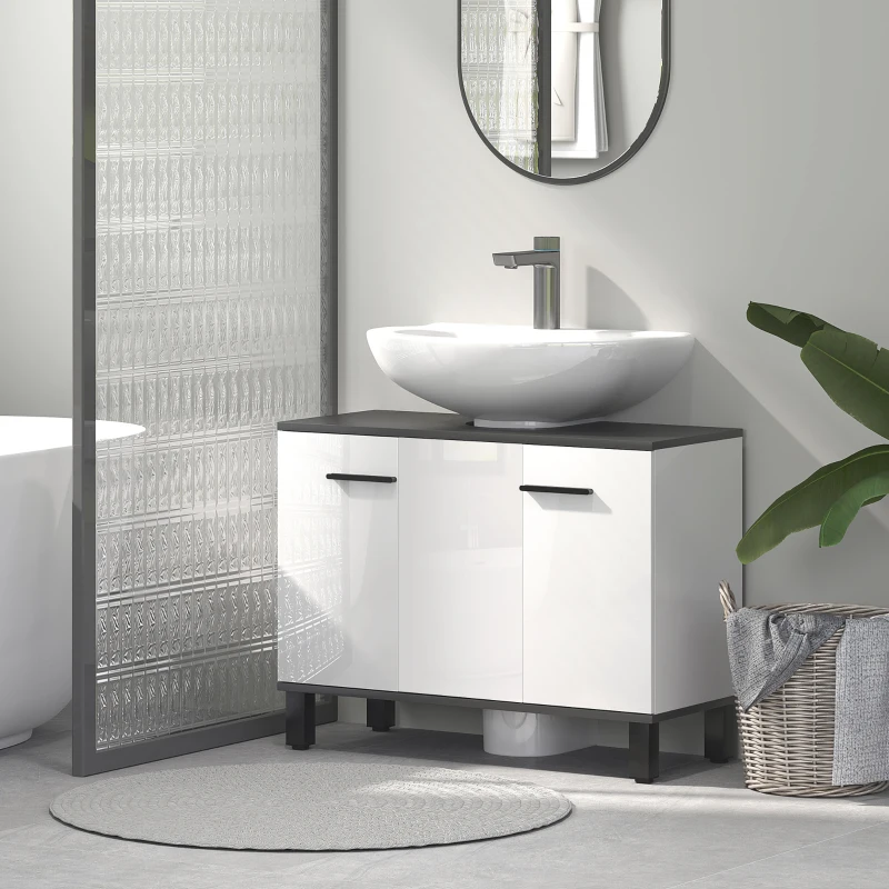 HOMCOM Mobile Sottolavabo Bagno con Armadietto 2 Ante e Ripiano Regolabile, 80x34x60 cm, Bianco Lucido