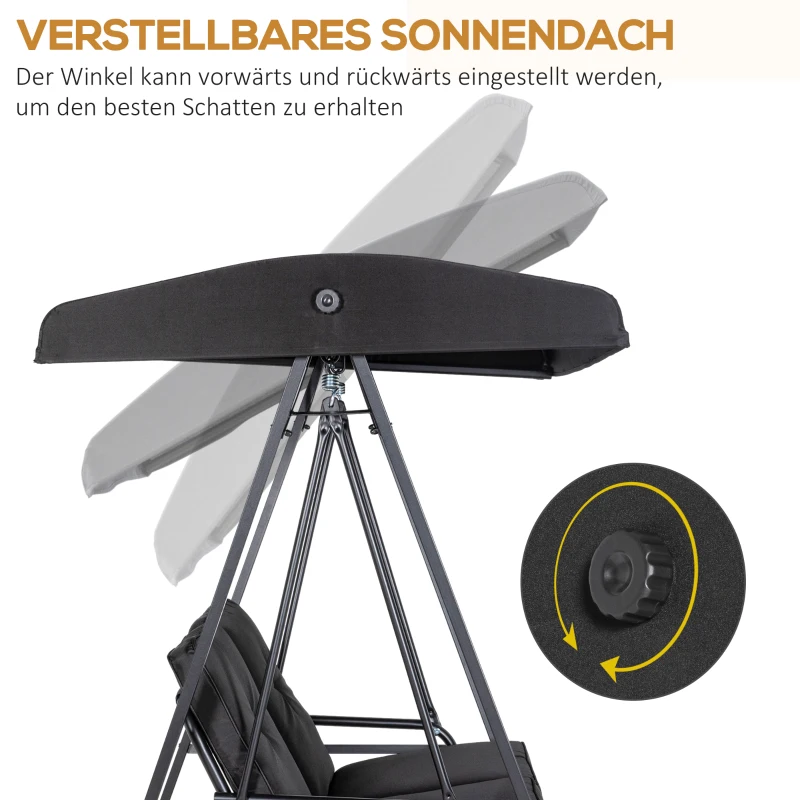 Outsunny Hollywoodschaukel, 2-Sitzer Gartenschaukel mit verstellbarem Dach, bis 220 kg belastbar, 145 x 116 x 172 cm, Schwarz