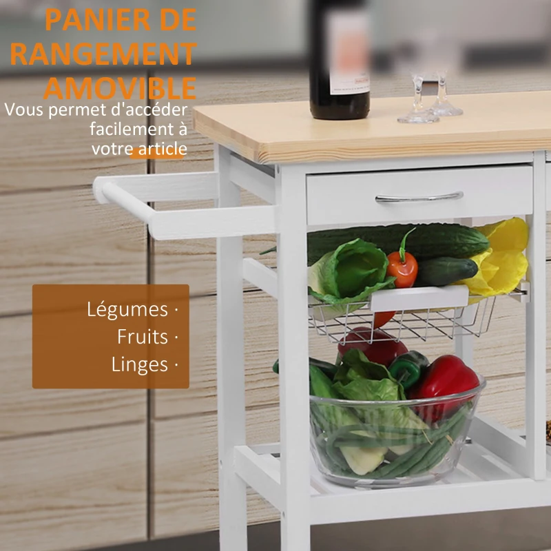 HOMCOM Chariot de service desserte de cuisine à roulettes multi-rangements 85L x 37l x 85H cm plateau bois massif pin châssis MDF blanc