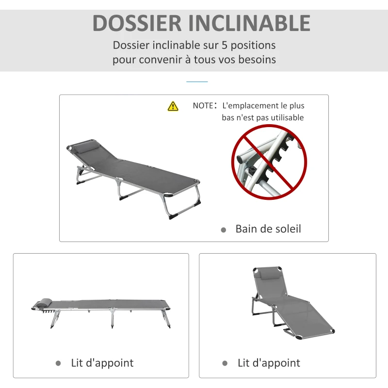 Outsunny Bain de soleil chaise longue pliante avec appuie-tête, transat inclinable en aluminium et textilène, transat jardin extérieur pour plage relax camping piscine terrasse, 165x60x76cm, gris