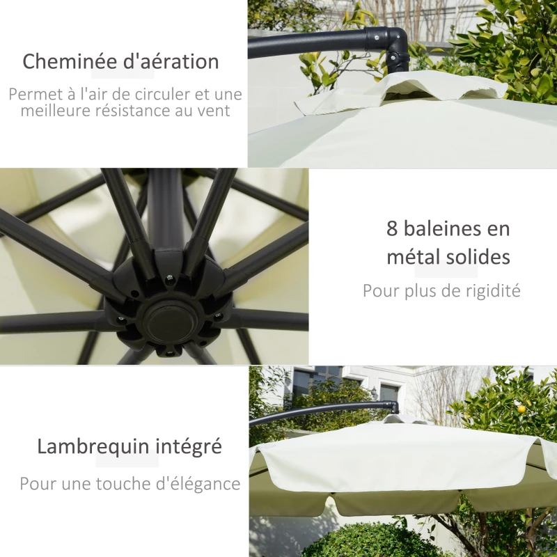 Outsunny Parasol déporté octogonal inclinable manivelle avec pied en croix Ø 2,65 x 2,45H m beige
