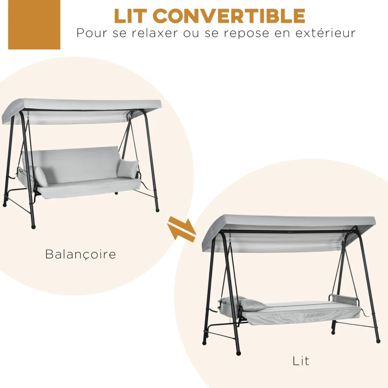 Outsunny Balancelle de jardin 3 places convertible toit inclinaison réglable 2 pochettes de rangement 236 x 138 x 185 cm gris