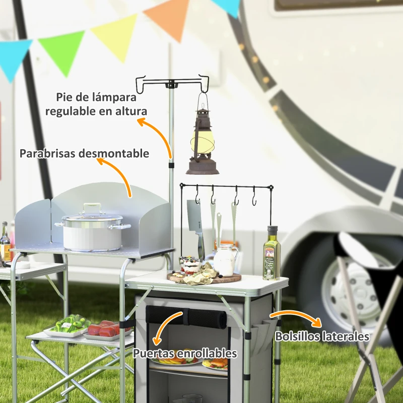 Outsunny Mueble de Cocina para Camping Plegable con Mesas Estantes y Bolsa de Transporte 144x48x119 cm Plata y Gris Claro